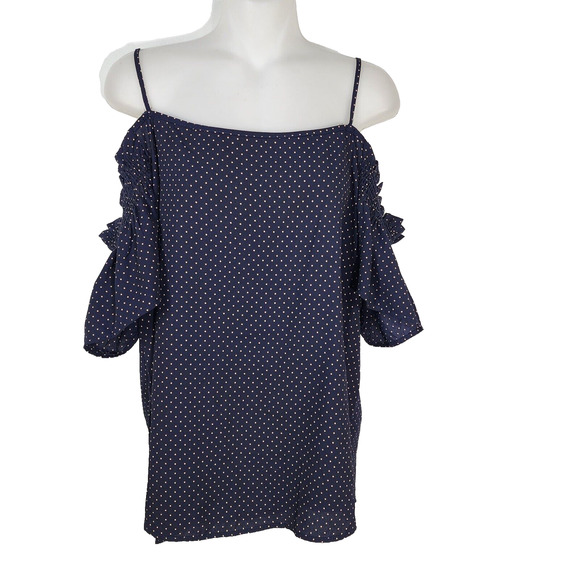 Jella C Womens Top Size XL Blue Tan Polka Dots Off the Shoulder Spaghetti Straps - Picture 1 of 8
